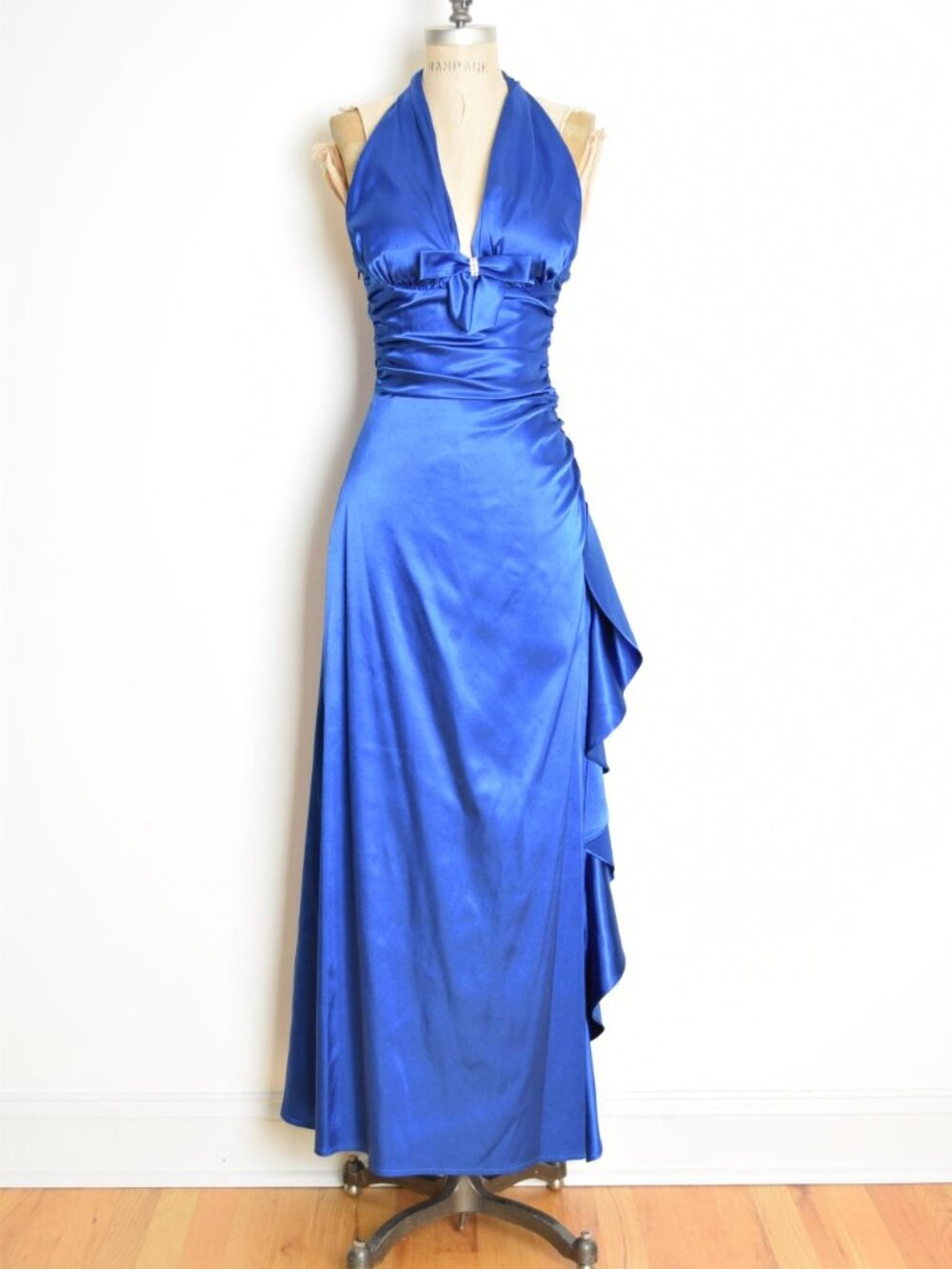 vintage Y2K prom dress Blondie Nites blue satin halter ruffle ruched long XS